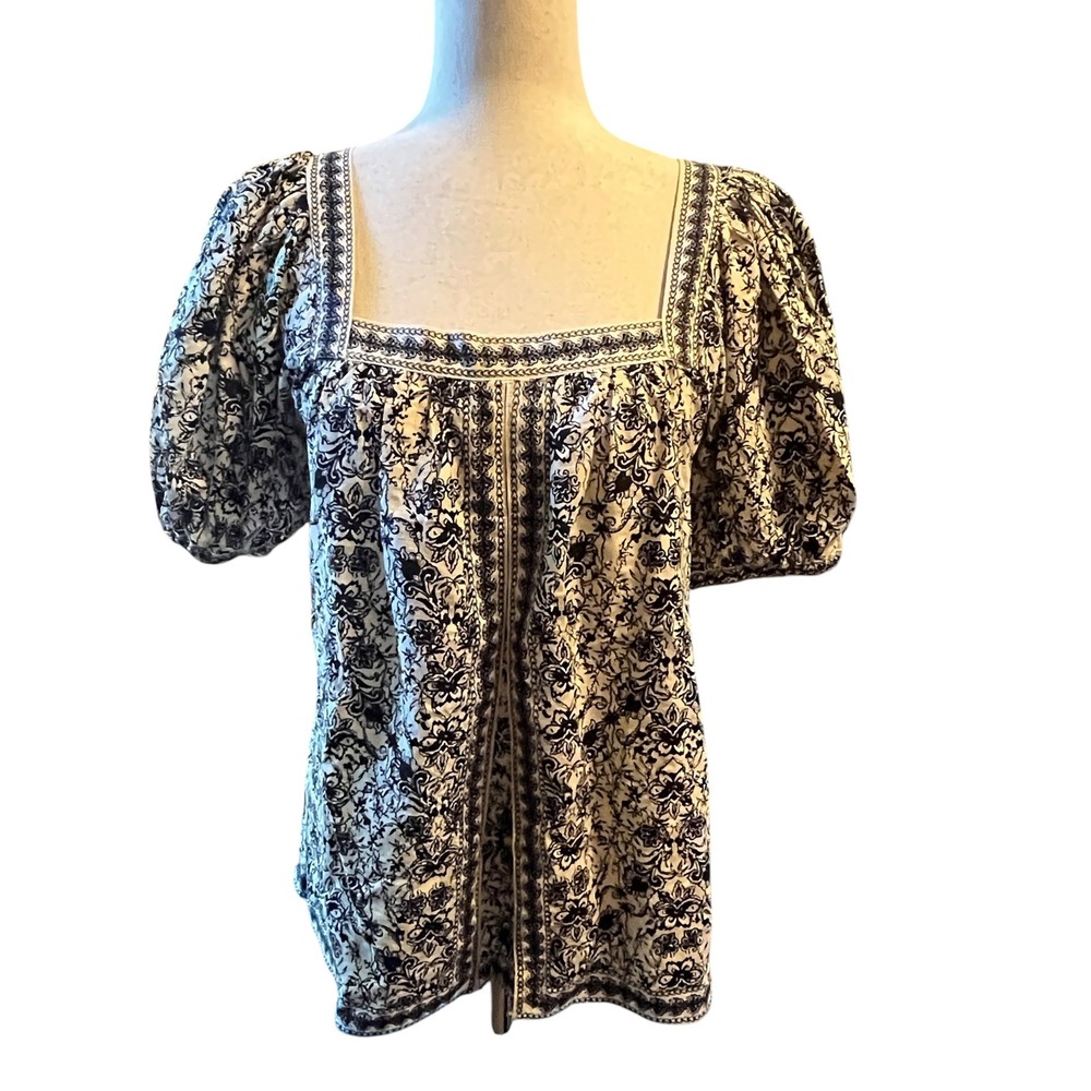 Max Studio Top Womens S Black White Floral Boho Chic Cottagecore Flowy Prairie